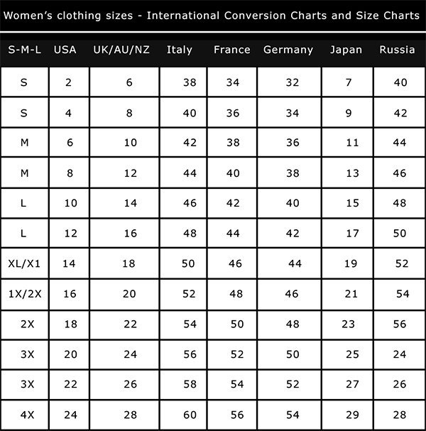 Women's organic clothing sizes - International conversion Charts and Size Charts