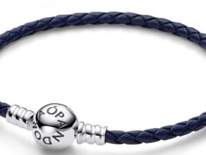 AUTHENTIC PANDORA MOMENTS COLLECTION ROUND CLASP BLUE BRAIDED LEATHER BRACELET THAILAND High-End Jewelry