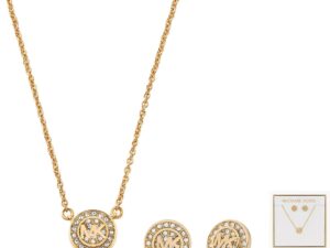 AUTHENTIC MICHAEL KORS JEWELS LOGO – Special Pack Necklace + Earrings SS IP Gold Designer Bijoux