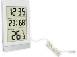 AUTHENTIC TECHNO LINE – Termometro da parete/tavolo, temp/umiditÃ int e temp est + cavetto sonda Wall/table thermometer, temp/humidity and ext with probe cable Quartz Digit Premium Clocks