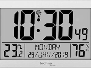 AUTHENTIC TECHNO LINE – Orologio da parete radioc con temp, umiditÃ , data (7 lingue) e allarmi Radio controlled wall clock with humidity, date languages) and two alarms Quartz Digit Premium Clocks