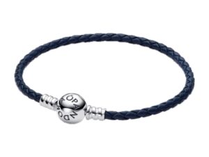 AUTHENTIC PANDORA MOMENTS COLLECTION ROUND CLASP BLUE BRAIDED LEATHER BRACELET ***SPECIAL PRICE*** Silver 925Â° Designer Jewelry