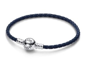 AUTHENTIC PANDORA MOMENTS COLLECTION ROUND CLASP BLUE BRAIDED LEATHER BRACELET ***SPECIAL PRICE*** Official Box Designer Jewelry