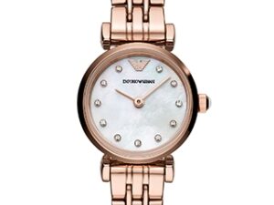 Authentic EMPORIO ARMANI Women 22 mm SS IP Rose Gold Quartz Exclusive Wristwatch  – Mother of Pearl Dial – EMPORIO ARMANI