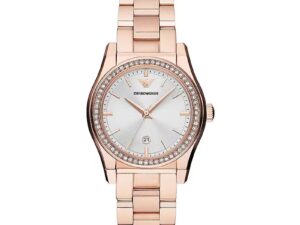 Authentic EMPORIO ARMANI Women 32 mm SS IP Rose Gold Quartz Exclusive Wristwatch  – Mother of Pearl Dial – EMPORIO ARMANI