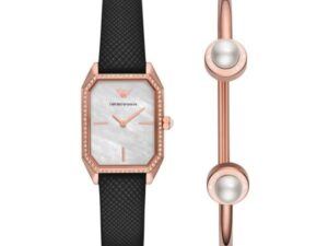 Authentic EMPORIO ARMANI Women 24 mm SS IP Rose Gold Quartz Exclusive Wristwatch  – Mother of Pearl Dial – Special Pack + Bracelet – EMPORIO ARMANI