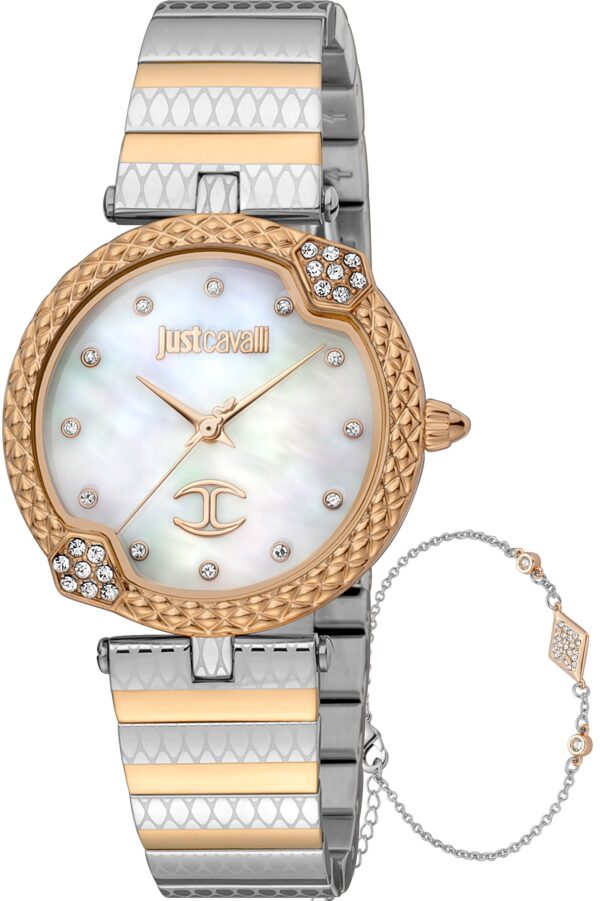 Authentic JUST CAVALLI TIME Women 32 mm SS IP Rose Gold Quartz Elegant Wristwatch  - Mother of Pearl Dial - JUST CAVALLI