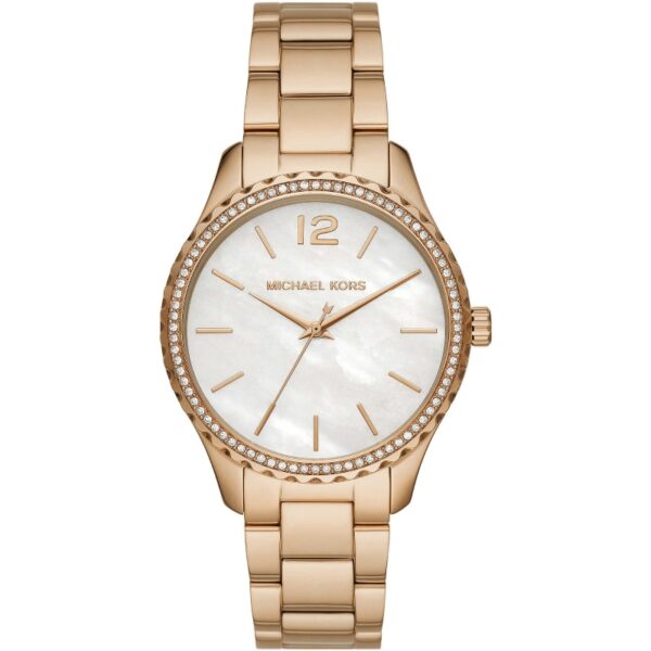 Authentic MICHAEL KORS Women 38 mm SS IP Gold Quartz Elegant Wristwatch  - Mother of Pearl Dial - MICHAEL KORS